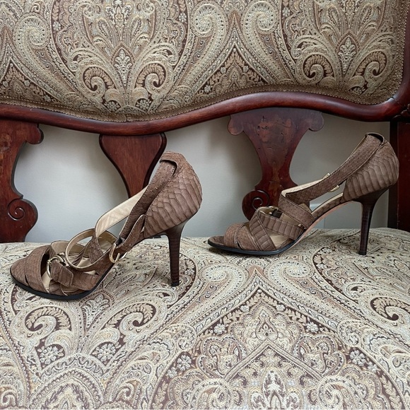 Coach Fawn Light Brown Snakeskin Embossed Leather Strappy Heels Open Toe Size 11 - Picture 5 of 10